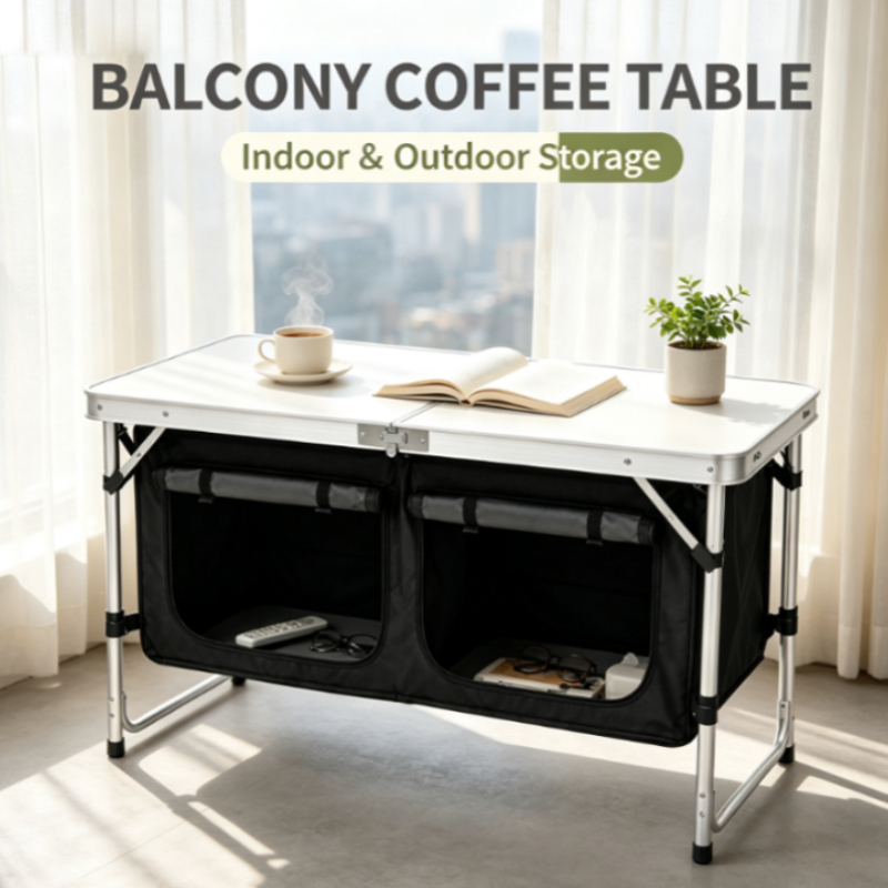Outdoor Camping Kitchen Setup - Silberner Aluminium-Klapptisch mit Doppel-Aufbewahrungsfächern, Tragbare Outdoor-Küchenlösung