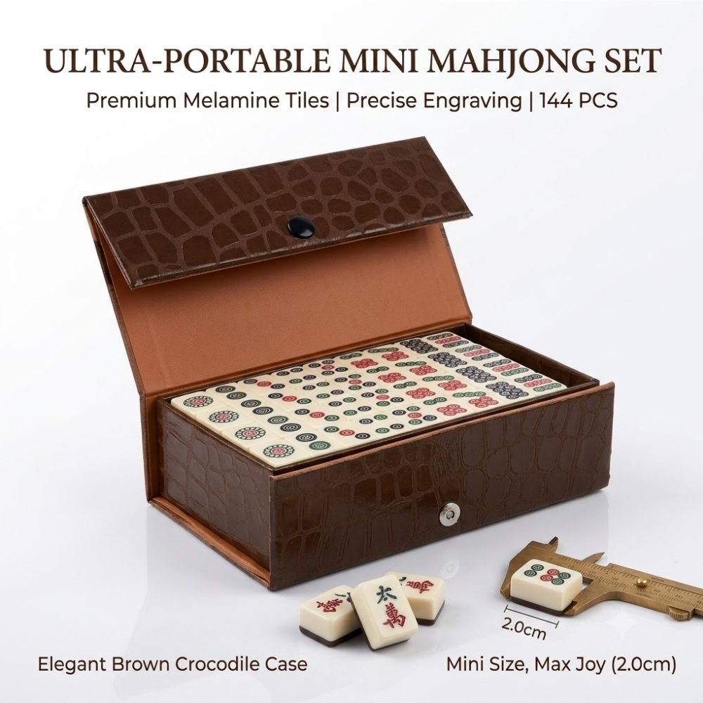 Outdoor Camping Games - Traditionelles Chinesisches 144-Steine-Majiang-Tischspiel mit Vintage-Lederbox, Leichtgewichtig