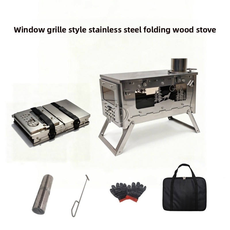 Outdoor Camping Stove Wood - Faltbarer tragbarer Holzofen aus Edelstahl, BBQ-Grill