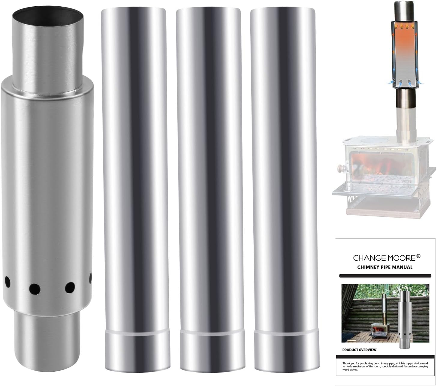 Outdoor Camping Stove Wood - CHANGE MOORE Edelstahl-Zeltkocher-Kaminrohr-Set, verdicktes, rauchfreies Sekundärbrennrohr